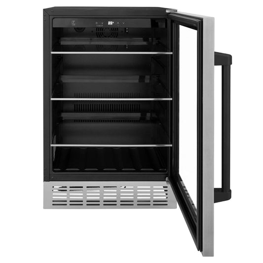 ZLINE 24" Autograph Edition 154 Can Beverage Cooler Fridge with Adjustable Shelves in Stainless Steel with Matte Black Accents RBVZ-US-24-MB