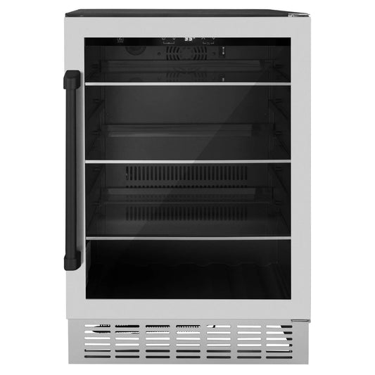 ZLINE 24" Autograph Edition 154 Can Beverage Cooler Fridge with Adjustable Shelves in Stainless Steel with Matte Black Accents RBVZ-US-24-MB