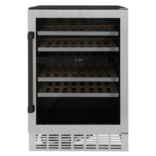 ZLINE 24" Autograph Edition Dual Zone 44-Bottle Wine Cooler in Stainless Steel with Wood Shelf and Matte Black Accents RWVZ-UD-24-MB