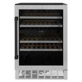 ZLINE 24" Autograph Edition Dual Zone 44-Bottle Wine Cooler in Stainless Steel with Wood Shelf and Matte Black Accents RWVZ-UD-24-MB