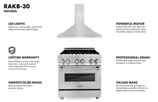 ZLINE 30" Bundle Range RA30 &  Wall Range Hood KB-30, 2KP-RARH30