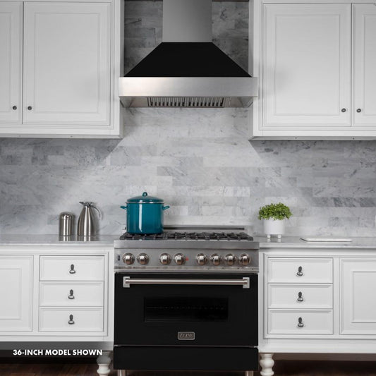 ZLINE 30" Professional Dual Fuel Range, Snow Stainless, Black Matte Door, RAS-BLM-30