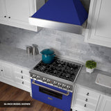 ZLINE 30" Professional Dual Fuel Range, Snow Stainless, Blue Matte Door, RAS-BM-30