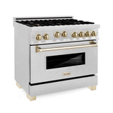 ZLINE 36" Autograph Dual Fuel Range, DuraSnow, Gold, RASZ-SN-36-G