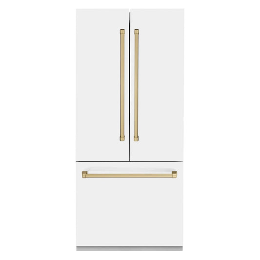 ZLINE Autograph Edition French Door Refrigerator, Internal Water, Ice Dispenser, White Matte, Champagne Bronze Accents RBIVZ-WM
