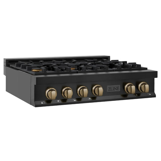 ZLINE 36" Autograph Rangetop, Black Stainless, Gold Accents, RTBZ-36-CB