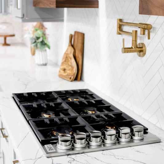 ZLINE 36" Gas Cooktop with 6 Gas Brass Burners and Black Porcelain Top RC-BR-36-PBT