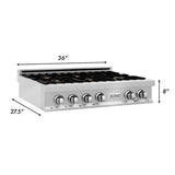 ZLINE 36" Porcelain Rangetop, DuraSnow®, 6 Brass Burners, RTS-BR-36