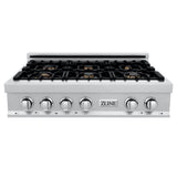 ZLINE 36" Porcelain Rangetop, DuraSnow®, 6 Brass Burners, RTS-BR-36