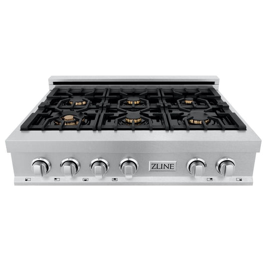 ZLINE 36" Porcelain Rangetop, DuraSnow®, 6 Brass Burners, RTS-BR-36