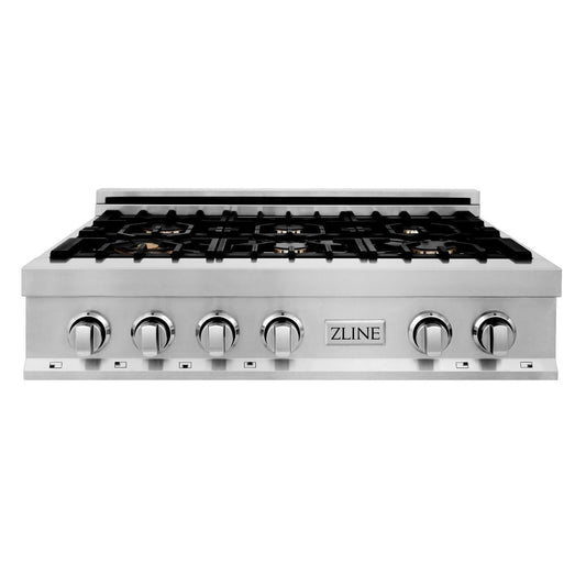 ZLINE 36" Porcelain Rangetop With 6 Gas Brass Burners, RT-BR-36