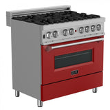 ZLINE 36" Professional Dual Fuel Range, Snow Stainless, Red Matte Door, RAS-RM-36