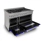 ZLINE 48" Dual Fuel Range Snow Stainless, Blue Matte Door, RAS-BM-48