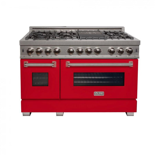 ZLINE 48" Dual Fuel Range Snow Stainless, Red Matte Door, RAS-RM-48
