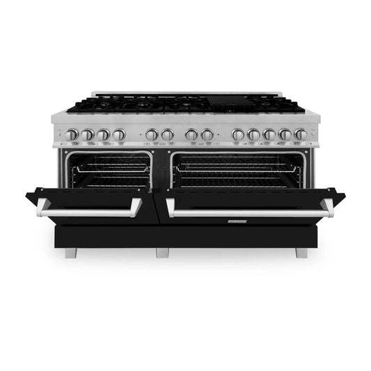 ZLINE 60" Dual Fuel Range Snow Stainless, Black Matte Door, RAS-BLM-60