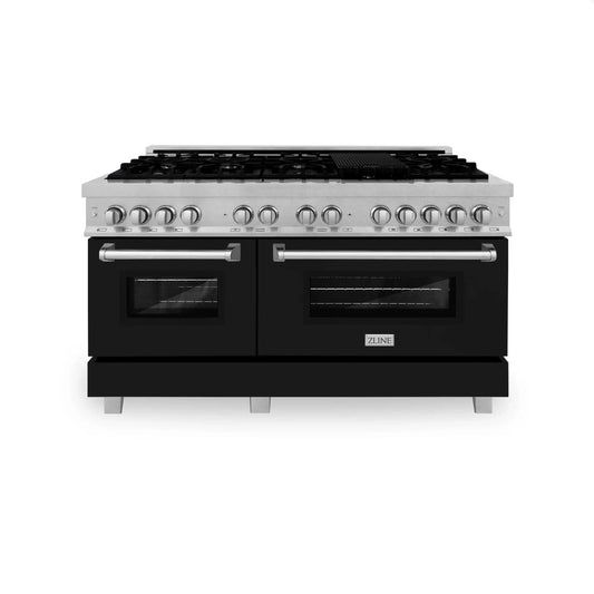 ZLINE 60" Dual Fuel Range Snow Stainless, Black Matte Door, RAS-BLM-60