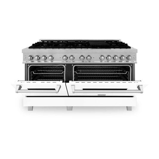 ZLINE 60" Dual Fuel Range Snow Stainless, White Matte Door, RAS-WM-60