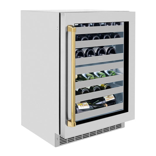 ZLINE Autograph 24 in. Dual Zone 44 Bottle Wine Cooler With Stainless Steel Glass Door And Polished Gold Handle RWDOZ-GS-24-G