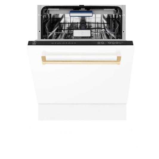 ZLINE Autograph White Door 24" Dishwasher, Gold Handle DWVZ-WM-24-G