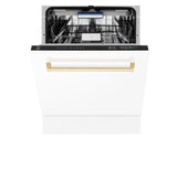 ZLINE Autograph White Door 24" Dishwasher, Gold Handle DWVZ-WM-24-G