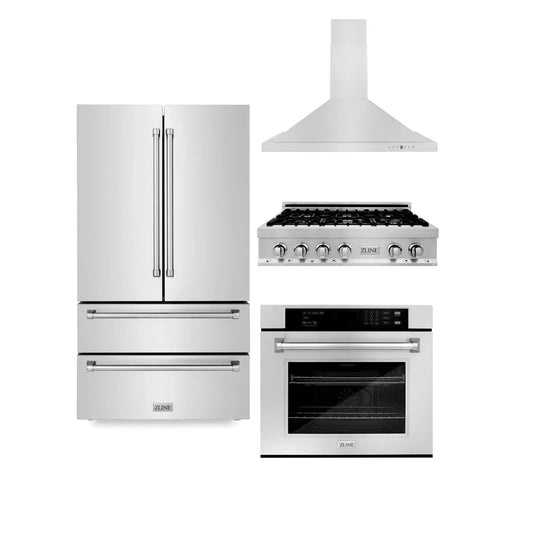 ZLINE Kitchen Package Refrigerator, Rangetop, Rangehood, Wall Oven, 4KPR-RTRH36-AWS