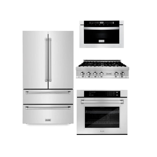 ZLINE Kitchen Package Refrigerator, Rangetop, Wall Oven, Microwave 4KPR-RT36-MWAWS
