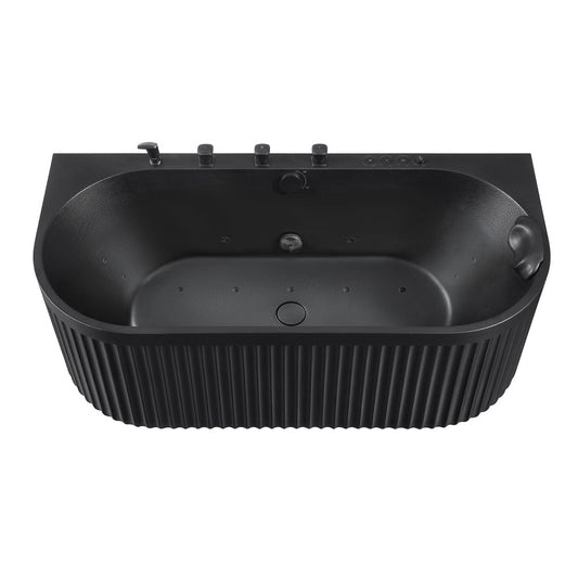 Stone Belle 67 x 32 Combination Flat Bottom Freestanding Bathtub with Center Drain in Black with Massage jets and Lights