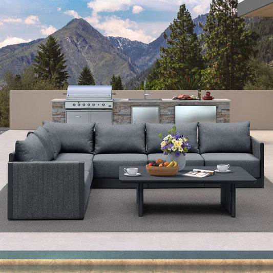PURPLE LEAF Athena Louvered Pergola Modern Grey Pergola White Roof with Sanori Patio Couch Set Modular Sofas for Deck Backyard Garden