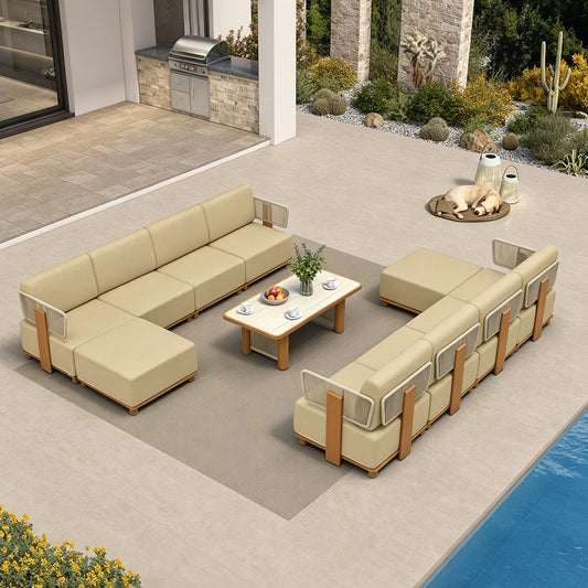 PURPLE LEAF Breck L-Shaped with table Modular Outdoor Sectional with Wood-Grain Aluminum Frame and Thick Teak-Colored Cushions for Luxury Backyard Lounge