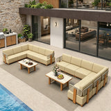 PURPLE LEAF Breck L-Shaped with table Modular Outdoor Sectional with Wood-Grain Aluminum Frame and Thick Teak-Colored Cushions for Luxury Backyard Lounge