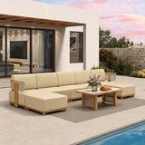 PURPLE LEAF Breck U-Shaped  with table Modular Outdoor Sectional with Wood-Grain Aluminum Frame and Thick Teak-Colored Cushions for Family Entertaining