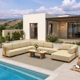 PURPLE LEAF Breck U-Shaped  with table Modular Outdoor Sectional with Wood-Grain Aluminum Frame and Thick Teak-Colored Cushions for Family Entertaining