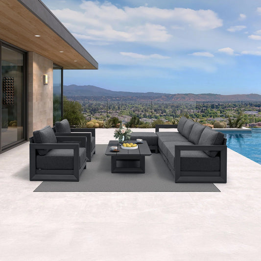 PURPLE LEAF Caesar Open-End Patio Conversation Set with Grey Cushion Pillows and Ottoman for Modern Outdoor Deck